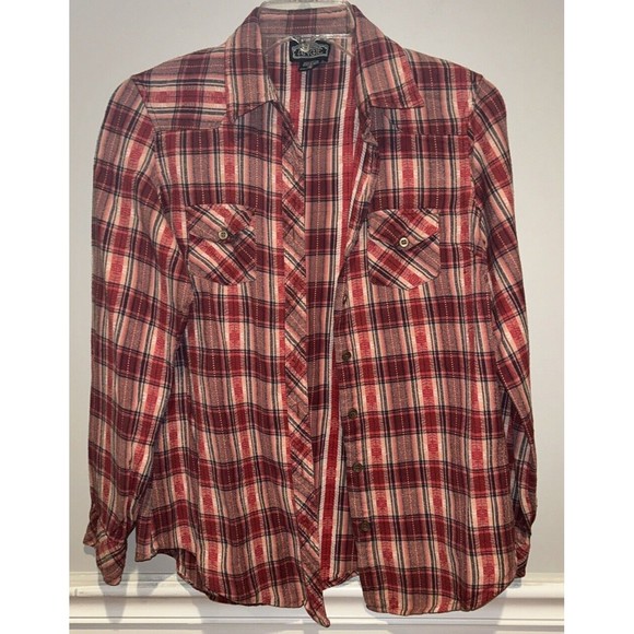 Angie Flannel Shirt Women Medium Red Plaid Long Sleeve Casual Collar Button Up - Picture 1 of 10